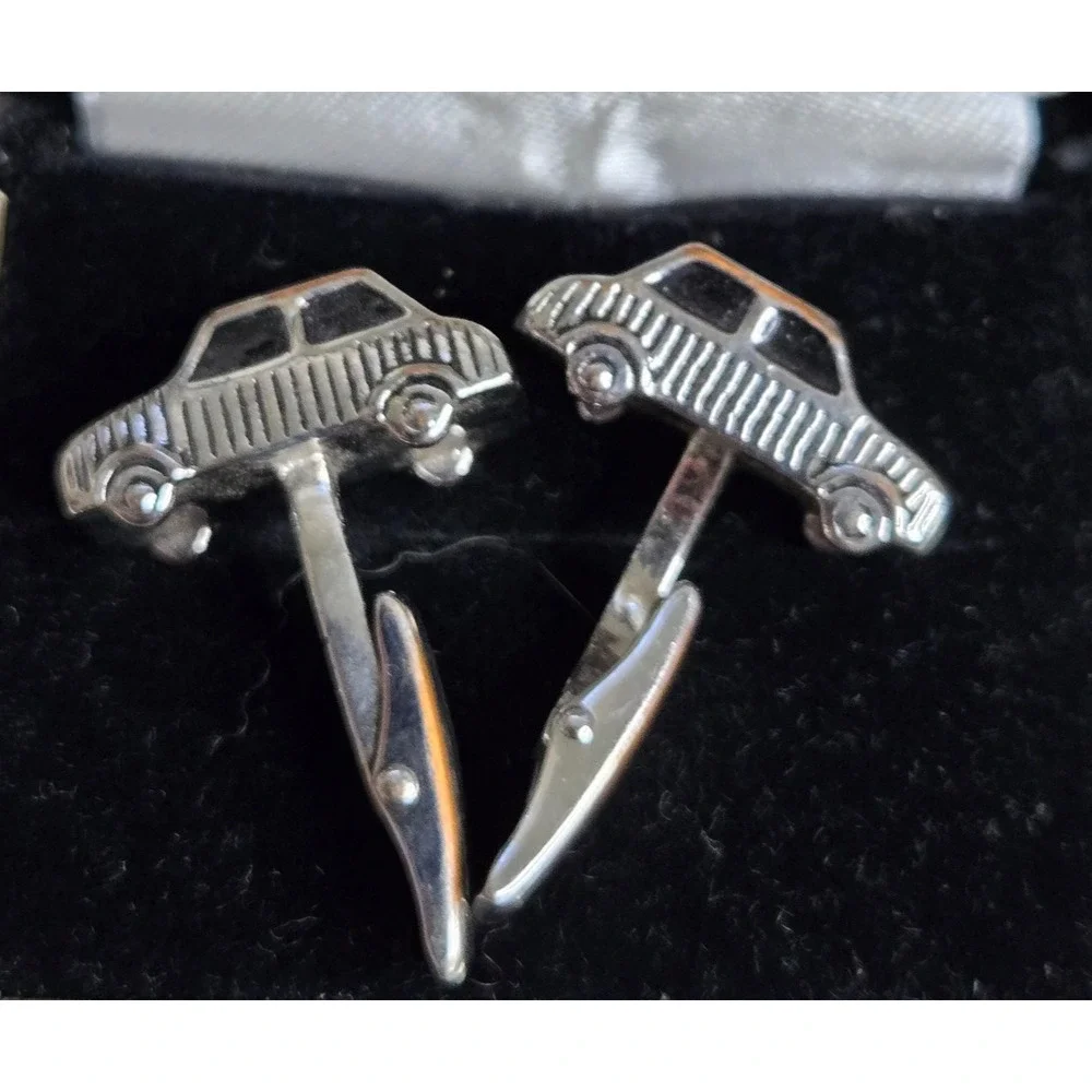Vintage Men's Silver Tone Classic Car Cufflinks Black Enamel Novelty Bullet Back